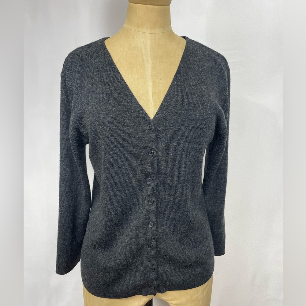 Kathy Ireland Knit Cardigan Wool Blend LG Charcoal Top Minimalist Classic Norm